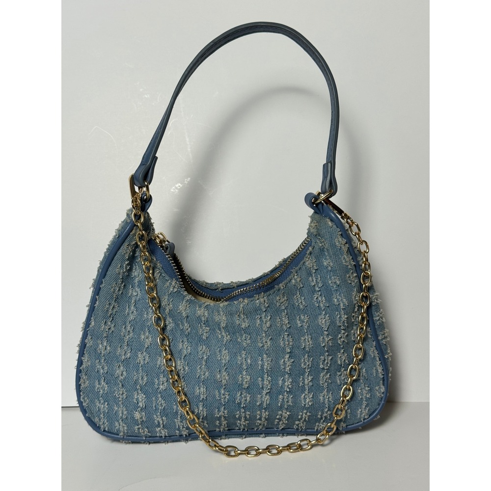 Sam Forever Blue Distressed Denim Shoulder Bag Gold Chain Hobo Handbag